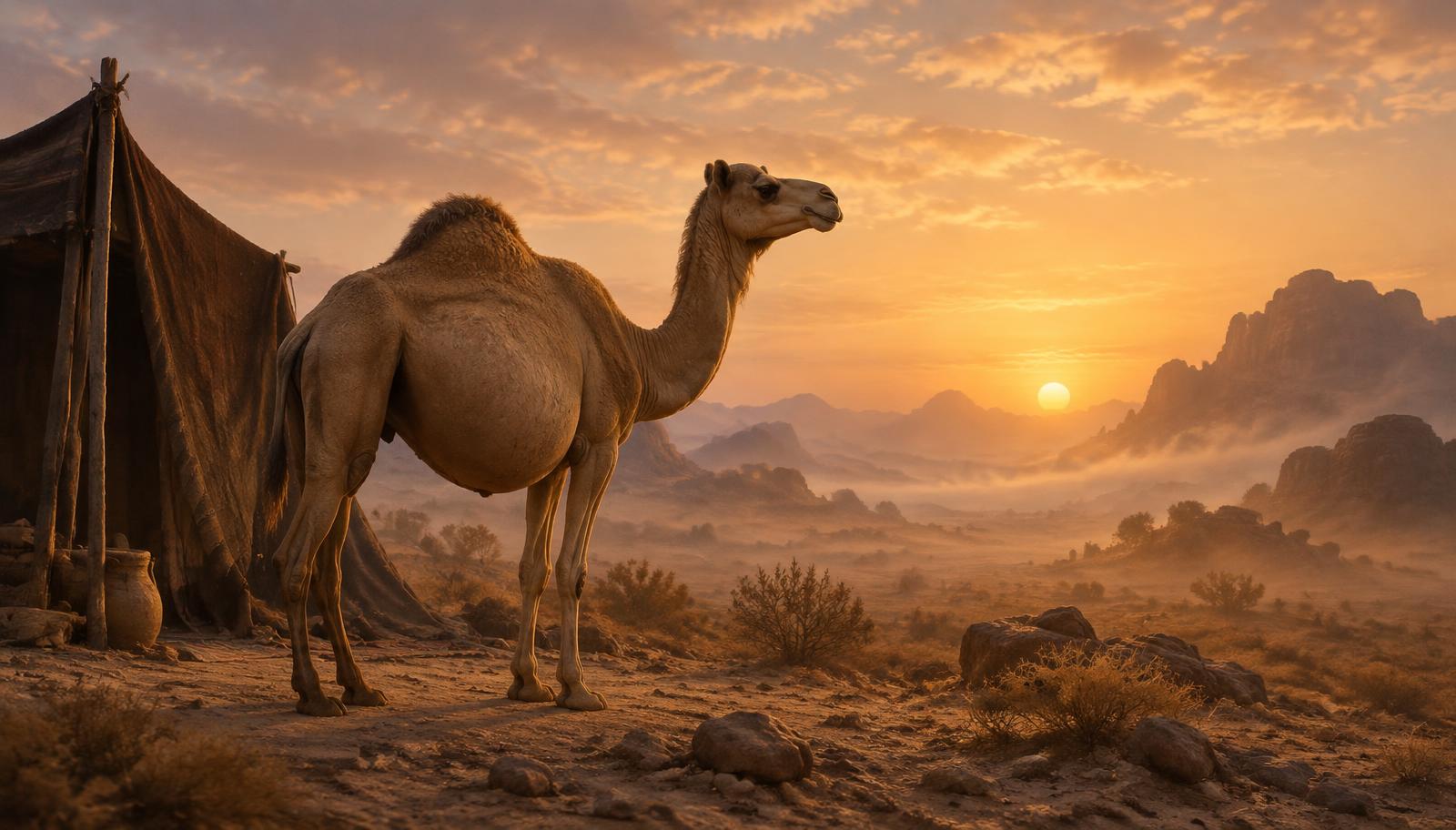 ناقة حامل وحيدة بجانب خيمة بسيطة عند الفجر في صحراء هادئة