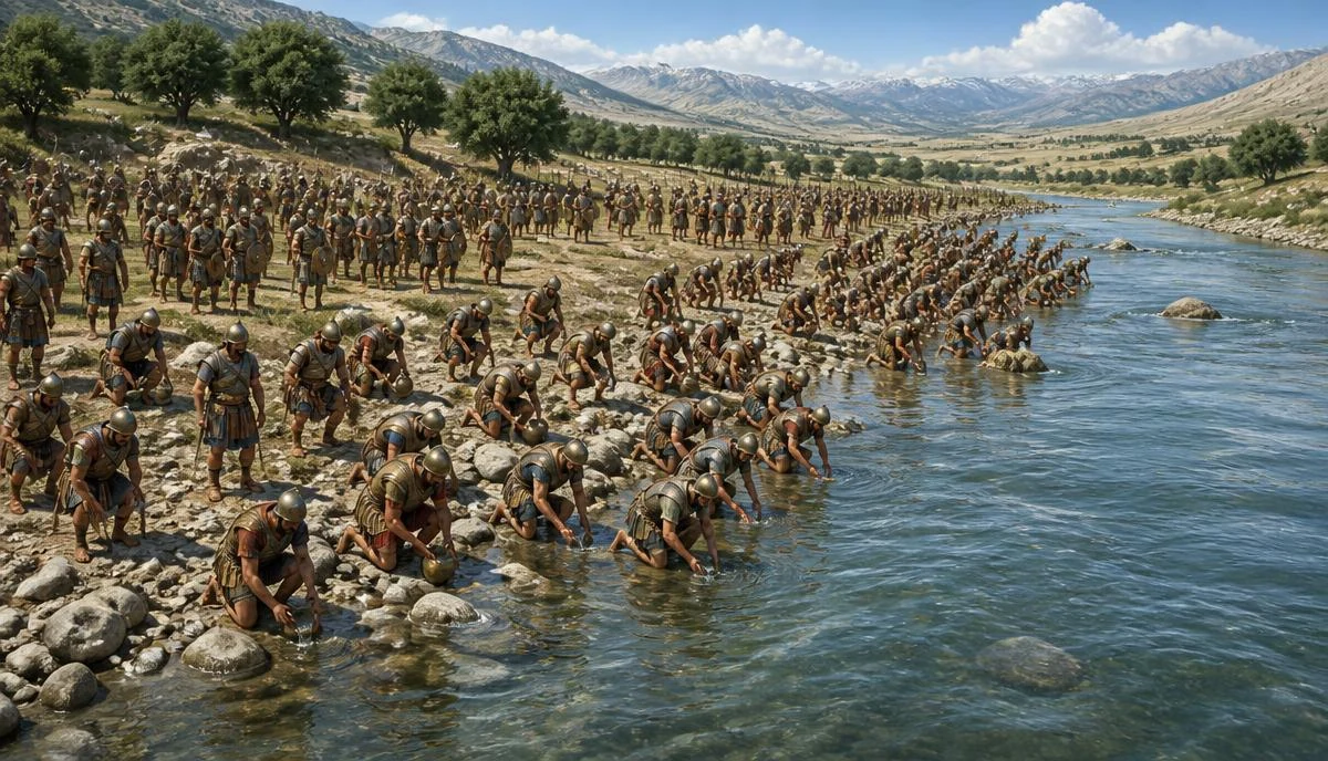 نهر صافٍ ضحل يعبر رملا ذهبيا في وهج الظهيرة وجرار طينية فارغة على الضفة