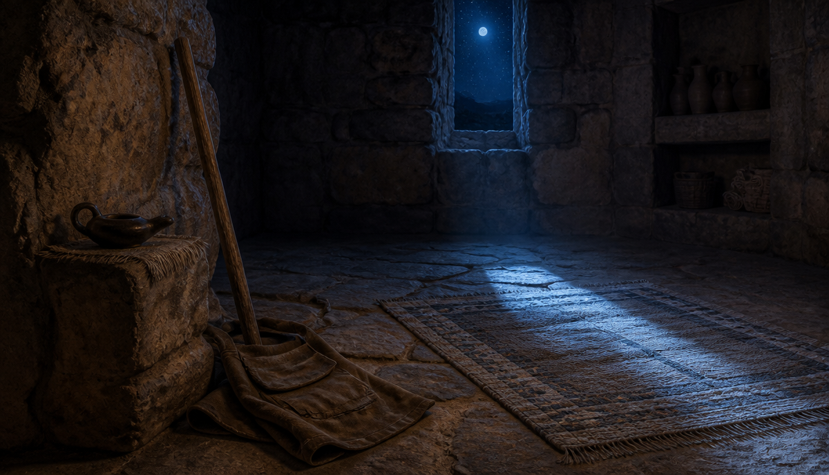 سجادة صلاة أمام قوس حجري في عتمة وضوء ذهبي خفيف في الأفق بأسلوب لوحة زيتية سينمائية