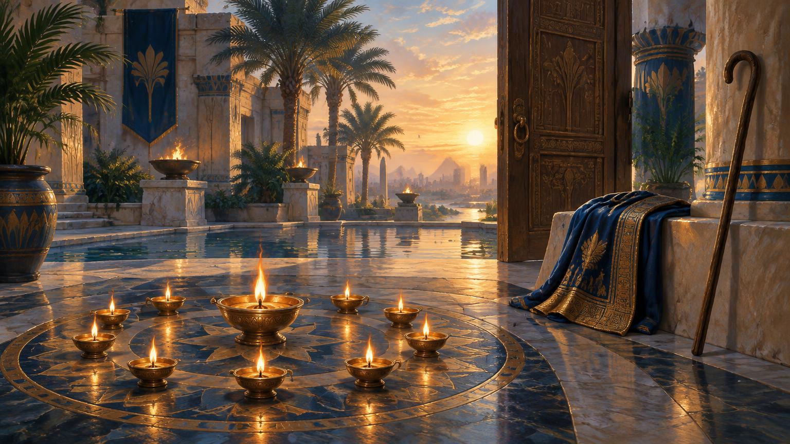 باحة قصر مضاءة بالمصابيح ترمز إلى اجتماع أسرة يوسف وتحقق الرؤيا