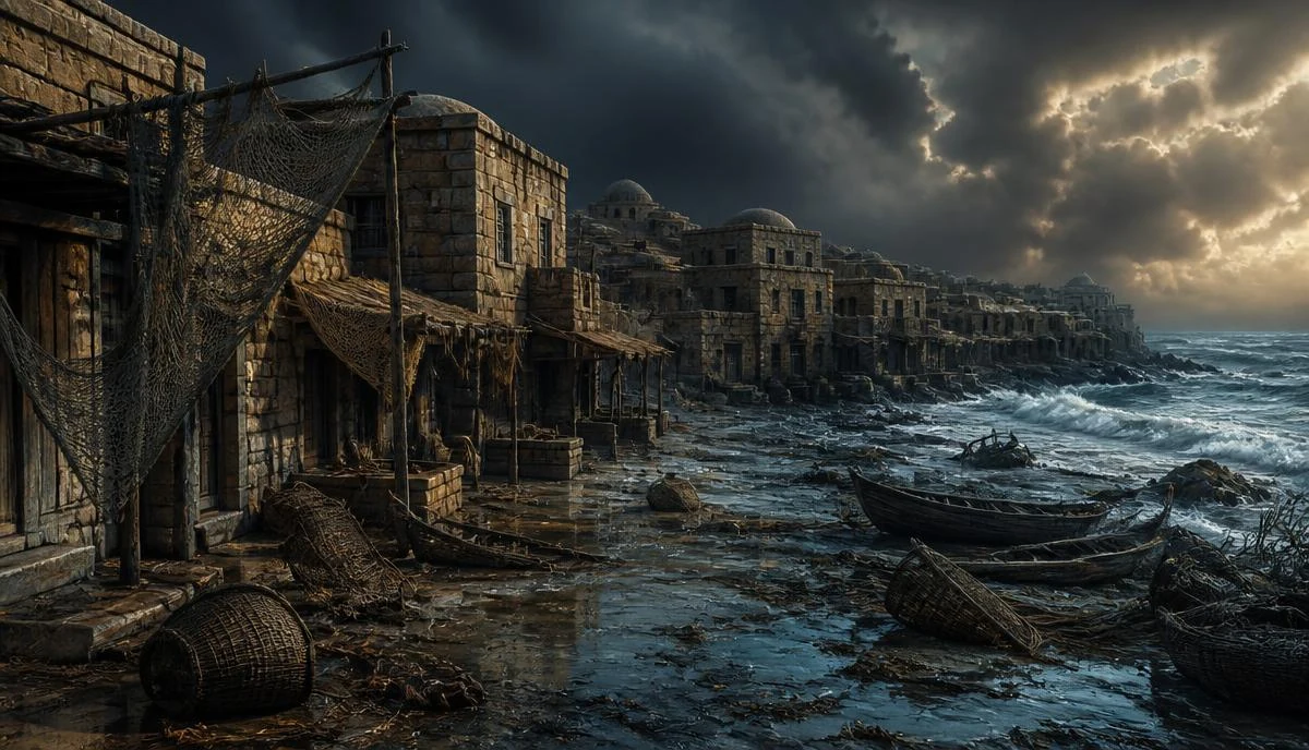 أطلال ساحلية مهجورة تحت سماء رمادية