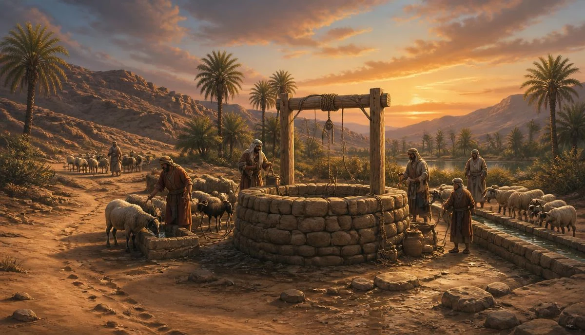 بئر حجرية في صحراء مدين عند الغروب بجانب شجرة سنط بأسلوب لوحة زيتية سينمائية