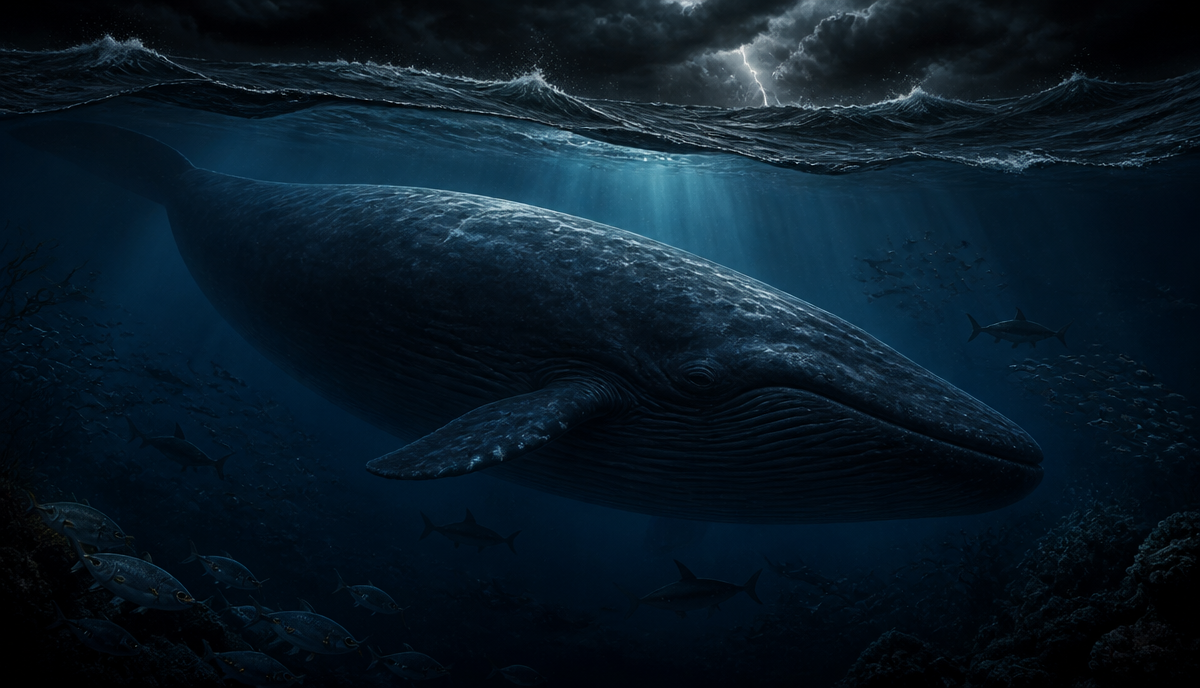 حوت ضخم يسبح في أعماق بحرية مظلمة وأشعة ضوء خفيفة من السطح في لوحة زيتية سينمائية