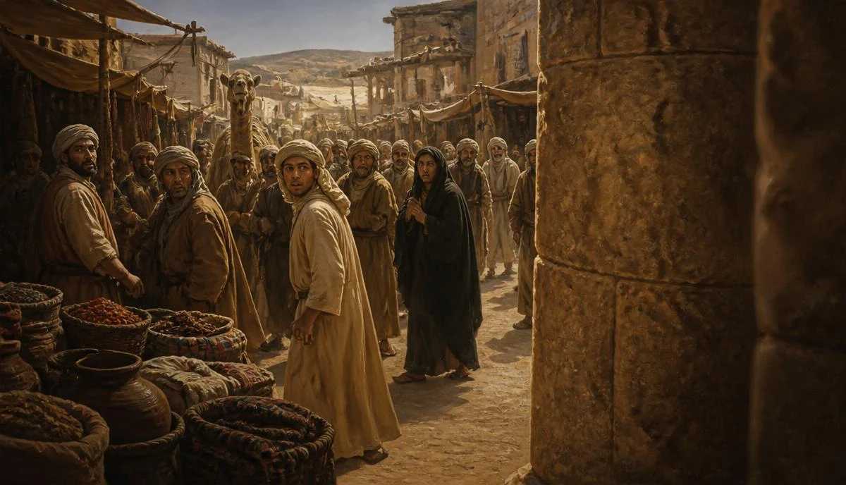 وادي مكة القديم عند الغروب ببيوت حجرية منخفضة وجبال داكنة بلوحة زيتية سينمائية