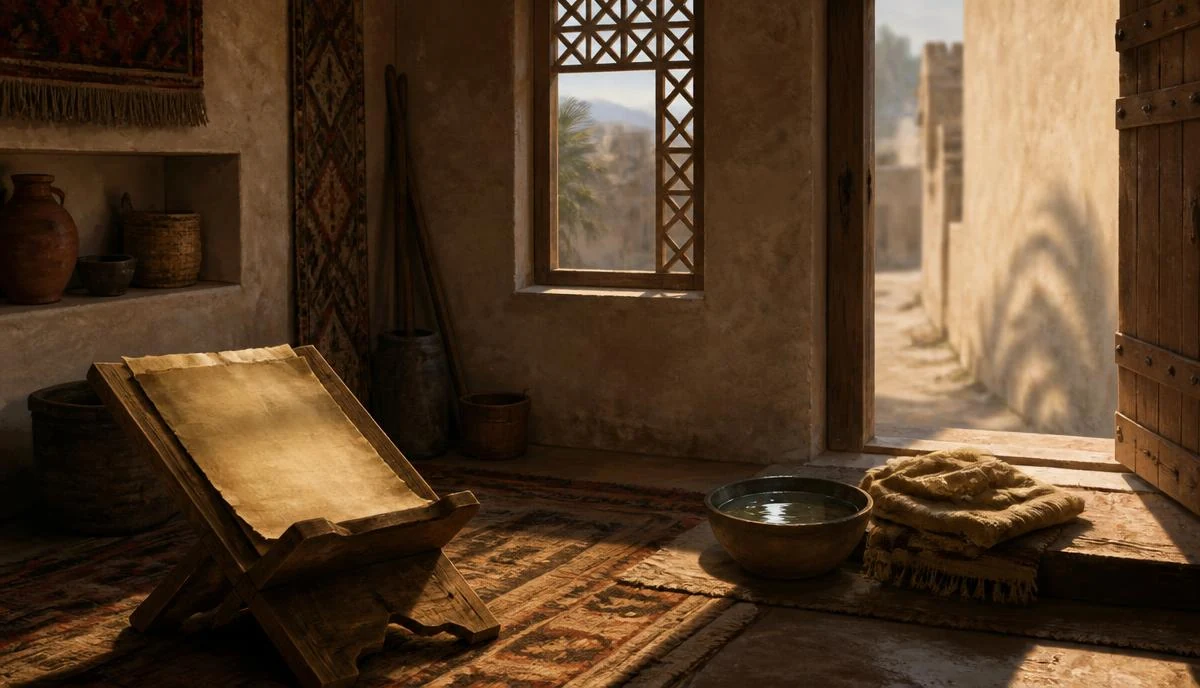 داخل بيت مكي حجري بصحيفة على مقعد خشبي منخفض وسيف مغمد موضوع جانبا وضوء مصباح دافئ
