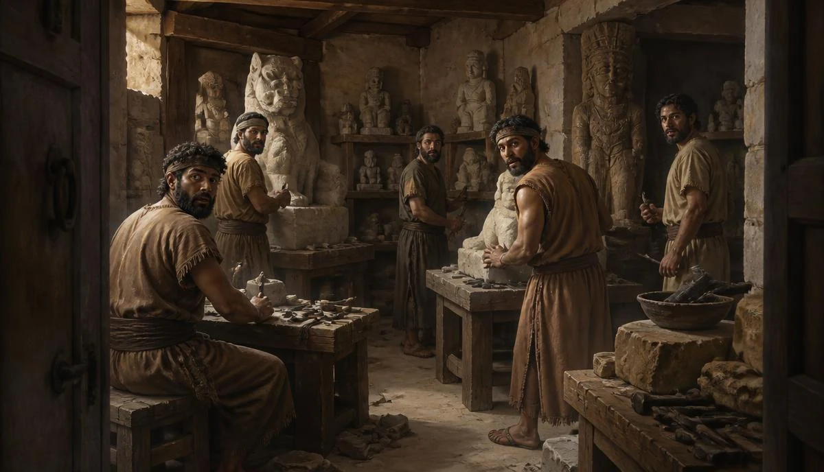 ساحة بيت طيني قديم عند الغروب ونار صغيرة ومشكاة مضاءة بأسلوب لوحة زيتية سينمائية