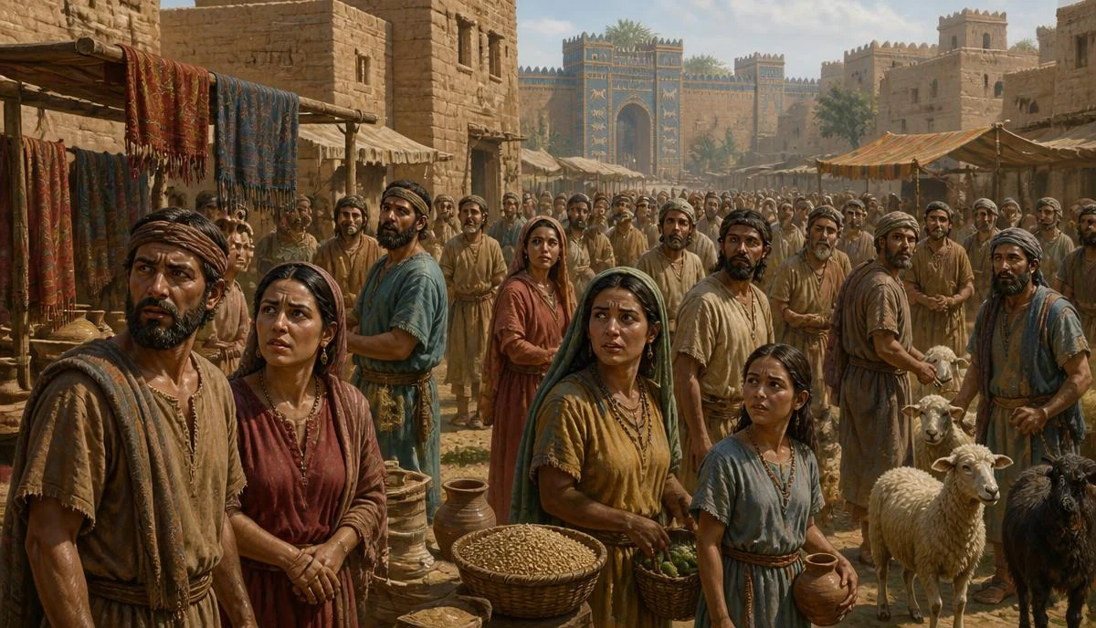 مدينة نينوى القديمة بأسوارها الطينية عند الغروب تحت سماء ملبدة في لوحة زيتية سينمائية