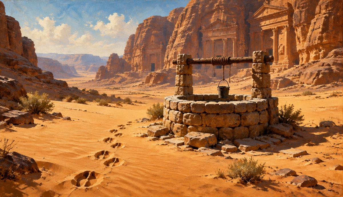 بئر قديمة في الصحراء وحولها آثار أقدام على الرمل