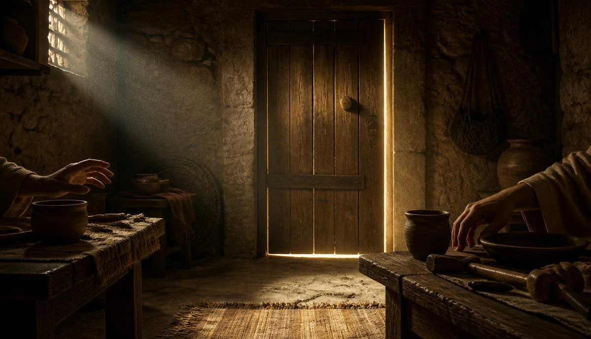 باب خشبي مغلق لبيت حجري في زقاق مكي ليلا وضوء ذهبي ينفذ من حوافه بلوحة زيتية سينمائية