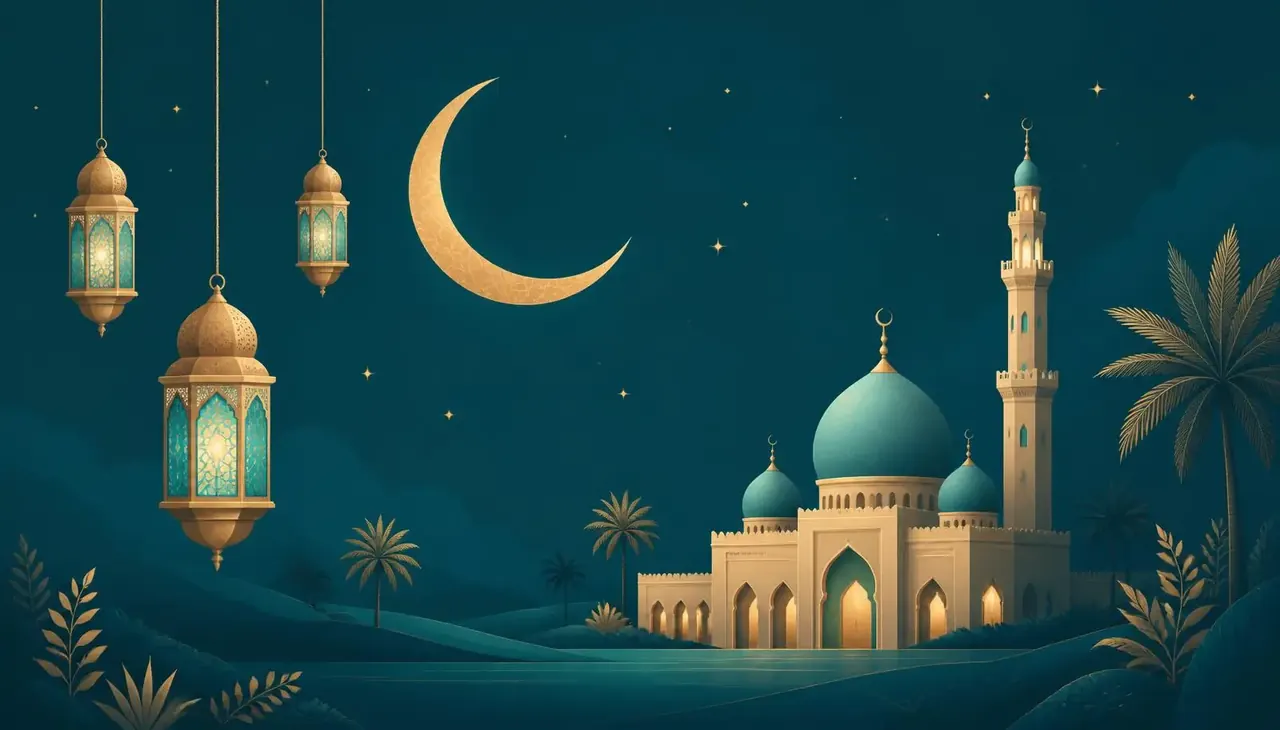 رسم لهلال رمضان وفوانيس ومسجد