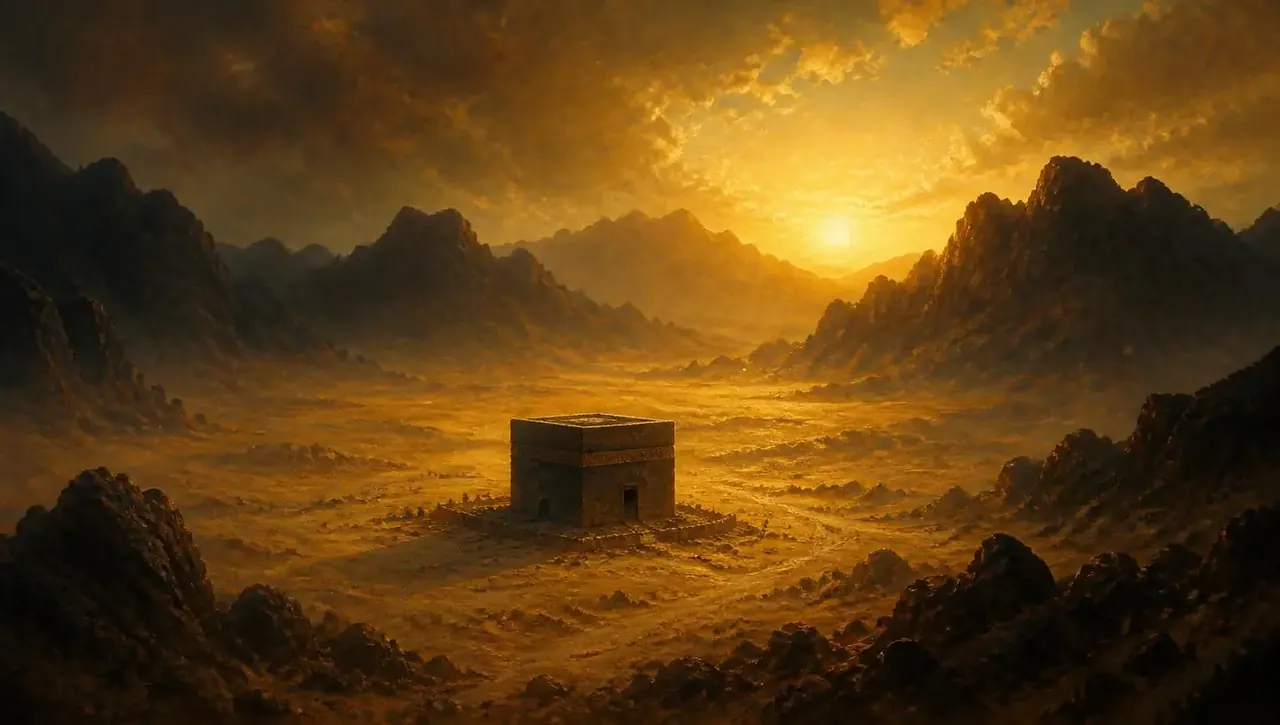 بناء حجري مكعب بسيط في واد صحراوي واسع عند الفجر